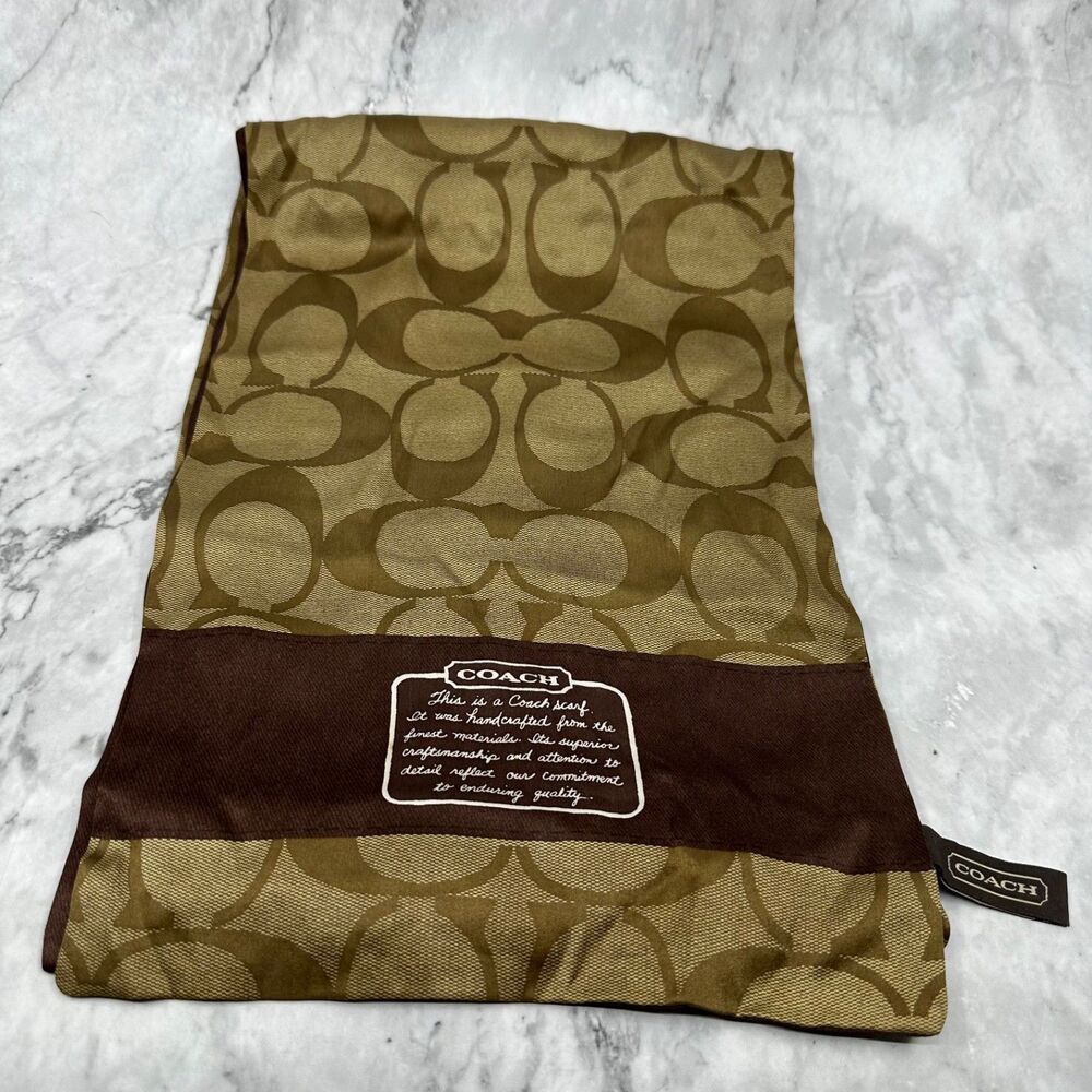 Coach Signature C Logo 100% Silk Scarf Brown Bronze 10" x 60" Vintage Flaws